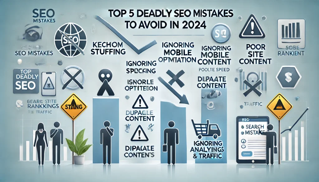 "Image illustrating five major SEO mistakes to avoid in 2024. Icons depict common errors like keyword stuffing, ignoring mobile optimization, poor site speed, duplicate content, and neglecting analytics, each marked with warning symbols. A downward arrow and graph on the right show potential drops in search rankings and traffic due to these issues. The background is light blue and white, conveying a professional and cautionary theme for digital marketers."