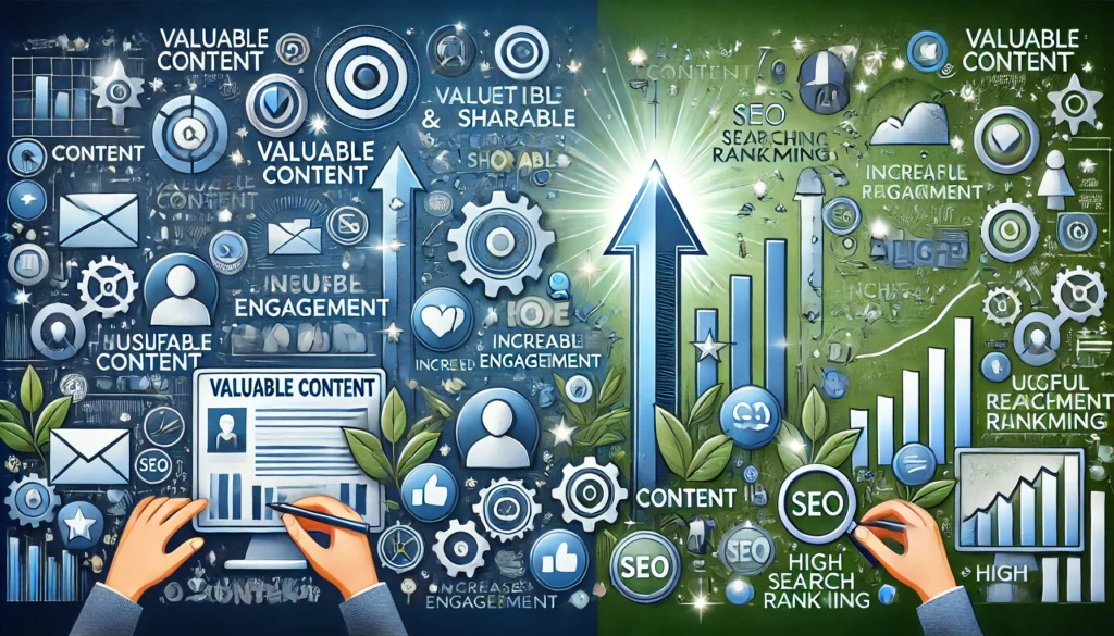 A digital illustration showing the impact of creating valuable and shareable content. On the left, a content creator designs high-quality articles and visuals, represented by share icons, social media symbols, and engagement indicators like likes and comments. On the right, the benefits of valuable content are shown with upward arrows, engagement symbols, and high-ranking indicators, demonstrating how quality content boosts SEO and audience interaction. The color scheme combines blue and green tones to reflect trust and growth through effective content creation.