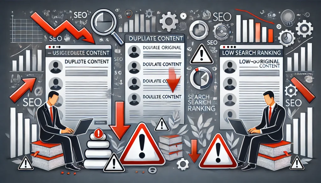 A digital illustration showing the negative impact of duplicate content on SEO rankings. On the left, a content creator reviews multiple duplicate icons, document symbols, and warning signs, representing non-original content. On the right, the consequences of using duplicate content are depicted with downward arrows, low-ranking indicators, and reduced visibility symbols, highlighting the drop in search rankings and visibility. The color scheme uses gray and red tones to convey caution and the importance of originality for better SEO performance.