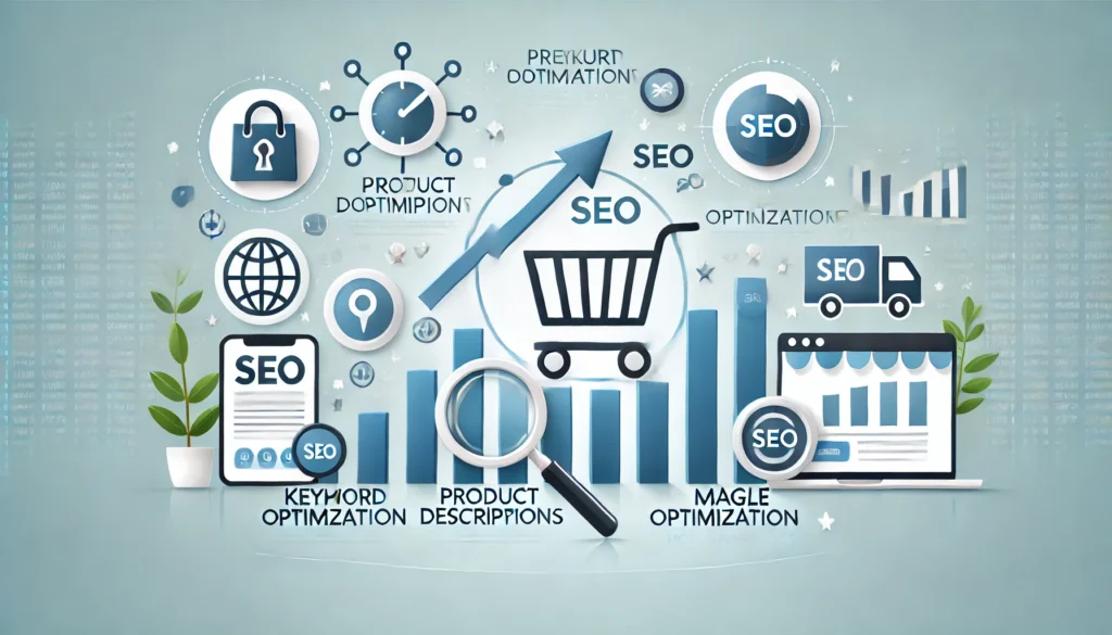 "Image showing essential SEO strategies for e-commerce. Icons include keyword optimization, product descriptions, image optimization, and mobile-friendliness. A shopping cart and magnifying glass represent e-commerce SEO, with upward arrows and a growth chart symbolizing increased traffic and sales. The background is light blue and white, emphasizing digital growth for online stores."