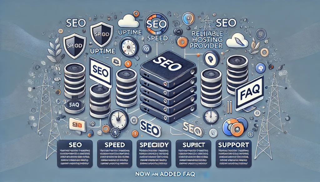  A wide digital illustration showcasing the importance of a reliable hosting provider in SEO, with an added FAQ section. On the left, server icons represent key hosting features like uptime, speed, and security, including symbols like shields and speedometers. On the right, an FAQ section with speech bubbles addresses common questions on topics such as hosting speed, reliability, and support. The layout is clean and professional, visually connecting hosting features to SEO benefits, while the FAQ section provides additional clarity for viewers.