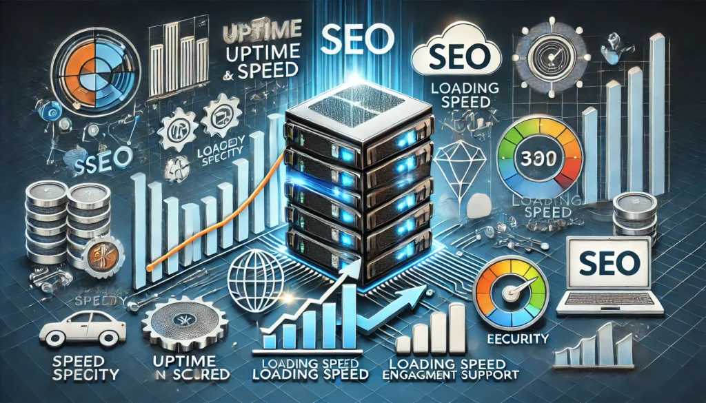 A wide digital illustration showing the importance of selecting a reliable hosting provider for SEO success. On the left, server icons display key hosting features like uptime, speed, and security, represented by symbols such as shields, speedometers, and support icons. The right side demonstrates SEO impacts, with upward-trending graphs, page loading speed icons, and engagement metrics, emphasizing how hosting quality boosts SEO performance. The layout is professional, visually connecting reliable hosting features with improved SEO outcomes.
