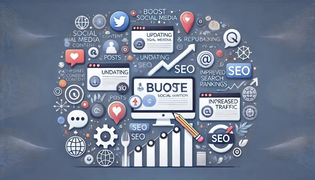 A wide digital illustration highlighting how updating and republishing content can strengthen the interaction between social media and SEO. On the left, social media icons like posts, likes, and shares are shown alongside refresh and pencil symbols to indicate content updates. The right side illustrates the SEO benefits, with upward-trending graphs, engagement icons, and ranking improvements. The clean, professional layout underscores the synergy between active social media content and improved SEO performance.