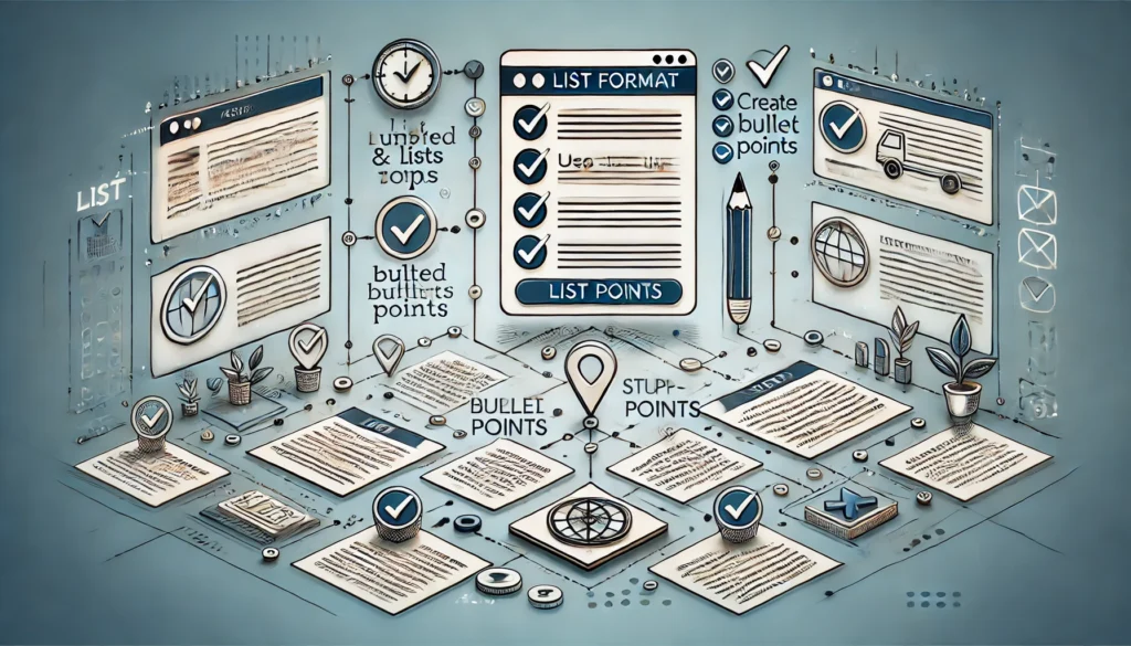 "Digital illustration showing a website interface with a list and bullet points for step-by-step guidance. Numbered steps and checkmarks guide the viewer through each step, symbolizing organization and clarity. Background elements subtly represent information flow, emphasizing structured and easy-to-follow content."