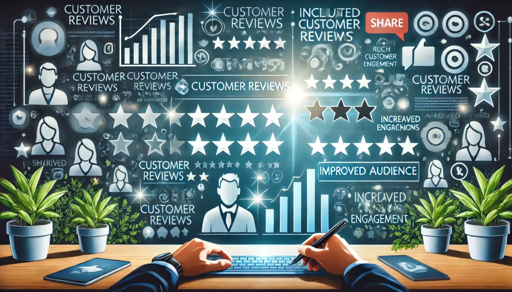  A digital illustration showing the role of customer reviews in creating rich, engaging content. On the left side, a content creator reviews customer feedback on a computer screen, represented by icons such as star ratings, speech bubbles, and highlighted reviews. On the right, the impact of using reviews is visualized with symbols of increased engagement, such as share icons, positive comment bubbles, and reader avatars, reflecting improved audience trust and interaction. The color palette uses professional blue and green tones, emphasizing the value of customer feedback in enhancing content quality and audience engagement.