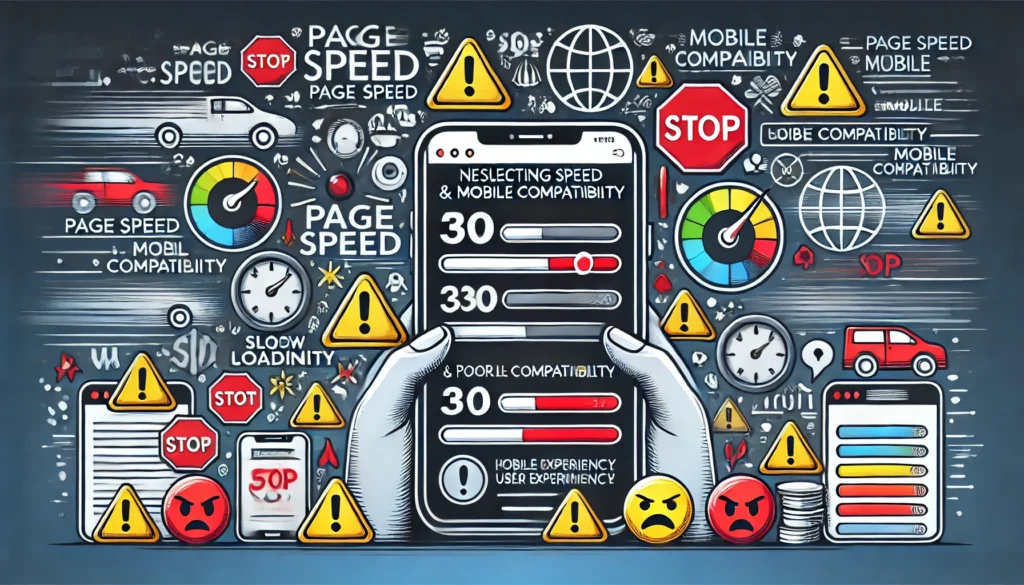 "Digital illustration showing the negative effects of ignoring page speed and mobile compatibility. A website displayed on a smartphone and tablet shows slow loading times and error icons, with warning symbols and frustrated user expressions to emphasize poor user experience. The color scheme includes red and yellow tones to signal caution and the importance of optimization."