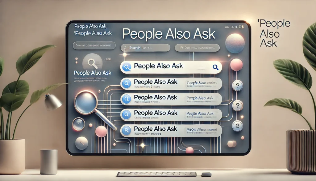"Wide view of a search engine results page focused on the 'People Also Ask' section, showing a list of popular, expandable questions with a clean, minimalist layout in a digital interface."