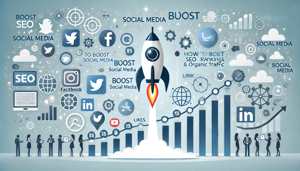 "Image showing the impact of social media on SEO growth. Icons for social platforms like Facebook, Twitter, Instagram, and LinkedIn appear with a rocket symbol, indicating rapid SEO improvement. Additional icons show likes, shares, and engagement, contributing to SEO success. On the right, a graph with an upward trend demonstrates increased SEO rankings and organic traffic due to social media activity. The background is light blue and white, with a clean, professional theme."