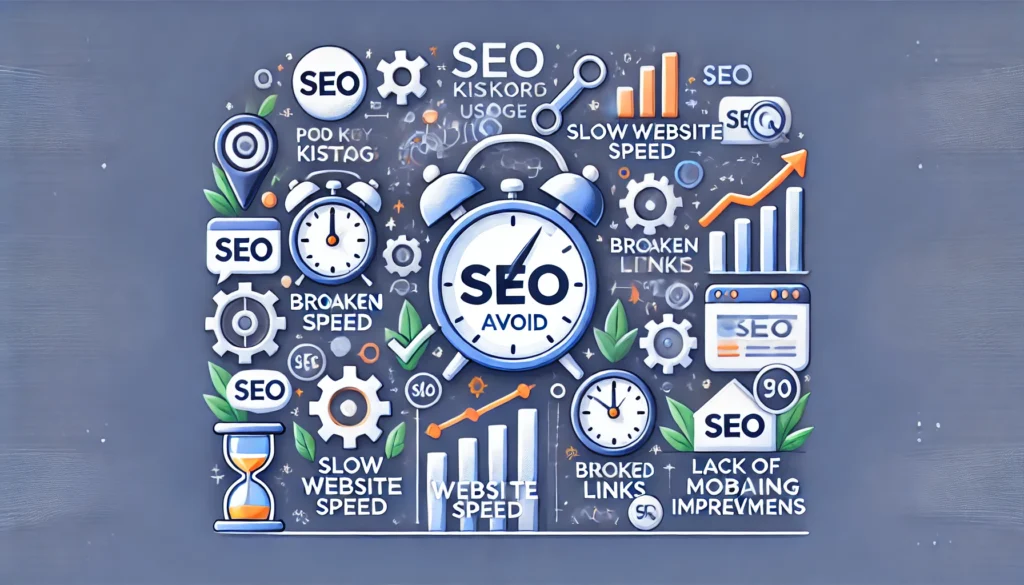 A wide digital illustration contrasting common SEO mistakes to avoid on the left with best practices on the right. The left side includes icons for SEO errors like poor keyword usage, slow website speed, broken links, and lack of mobile optimization, represented by symbols such as broken chains, clocks, and mismatched keywords. On the right, icons show the positive effects of avoiding these mistakes, with upward-trending graphs, user engagement symbols, and page ranking improvements, highlighting successful SEO practices. The layout is clean and professional, clearly separating pitfalls from best practices for enhanced SEO results.