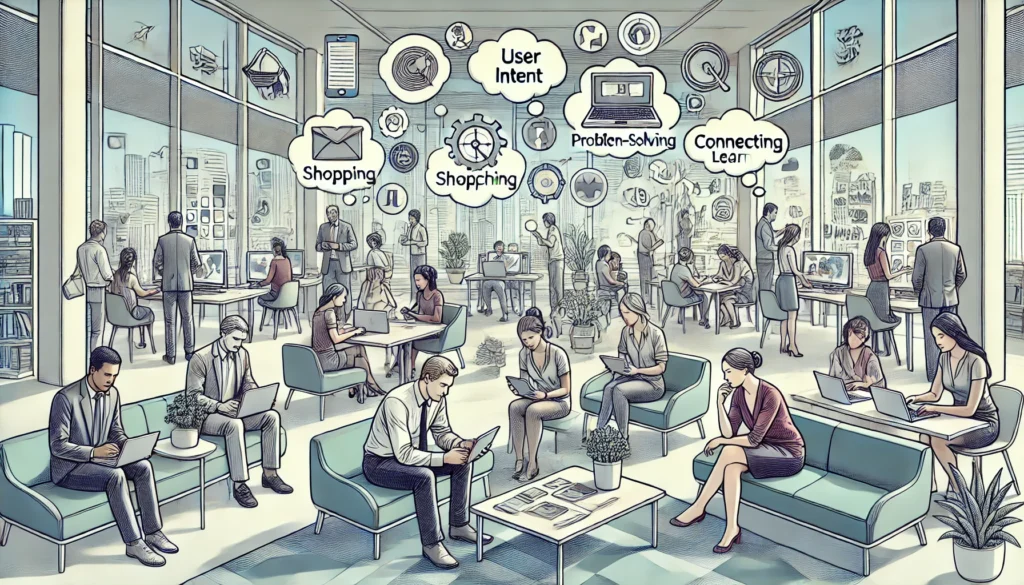 "Illustration of a collaborative digital workspace with diverse individuals using laptops, phones, and tablets, each focused on different user intents like shopping, learning, and connecting. The background is a modern office with large windows and comfortable seating, with muted colors for a clean look."
